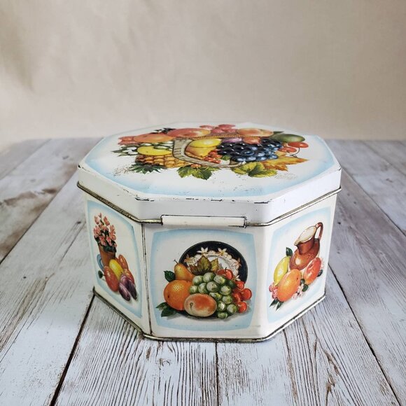 Octagonal Metal Candy Box Tin with Brightly Coloured Fruit Basket Vintage - Picture 4 of 10